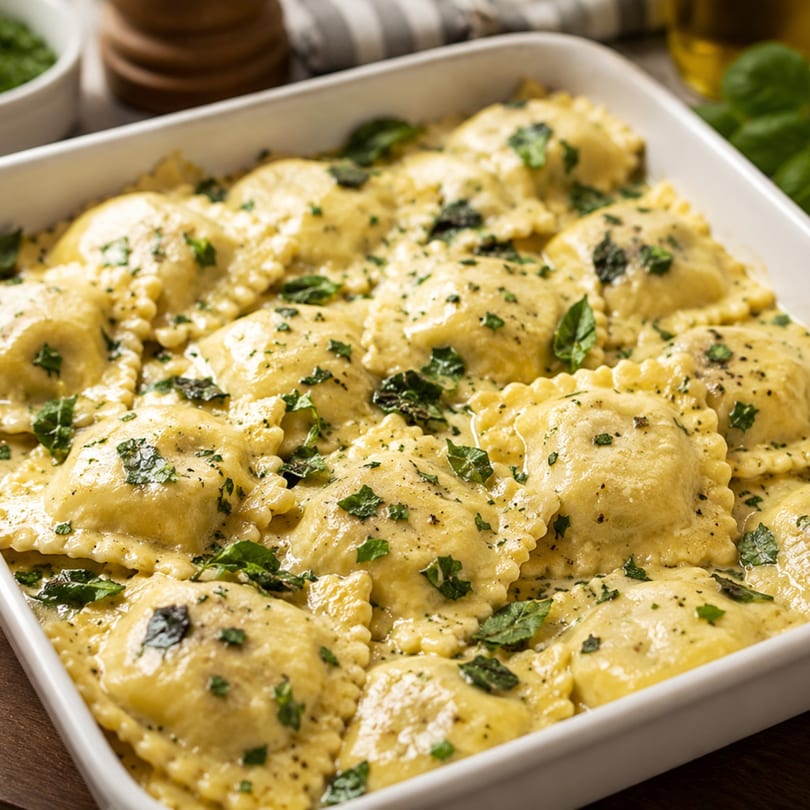 Close-up of golden ravioli in a creamy sauce, garnished with fresh herbs in a white baking dish.